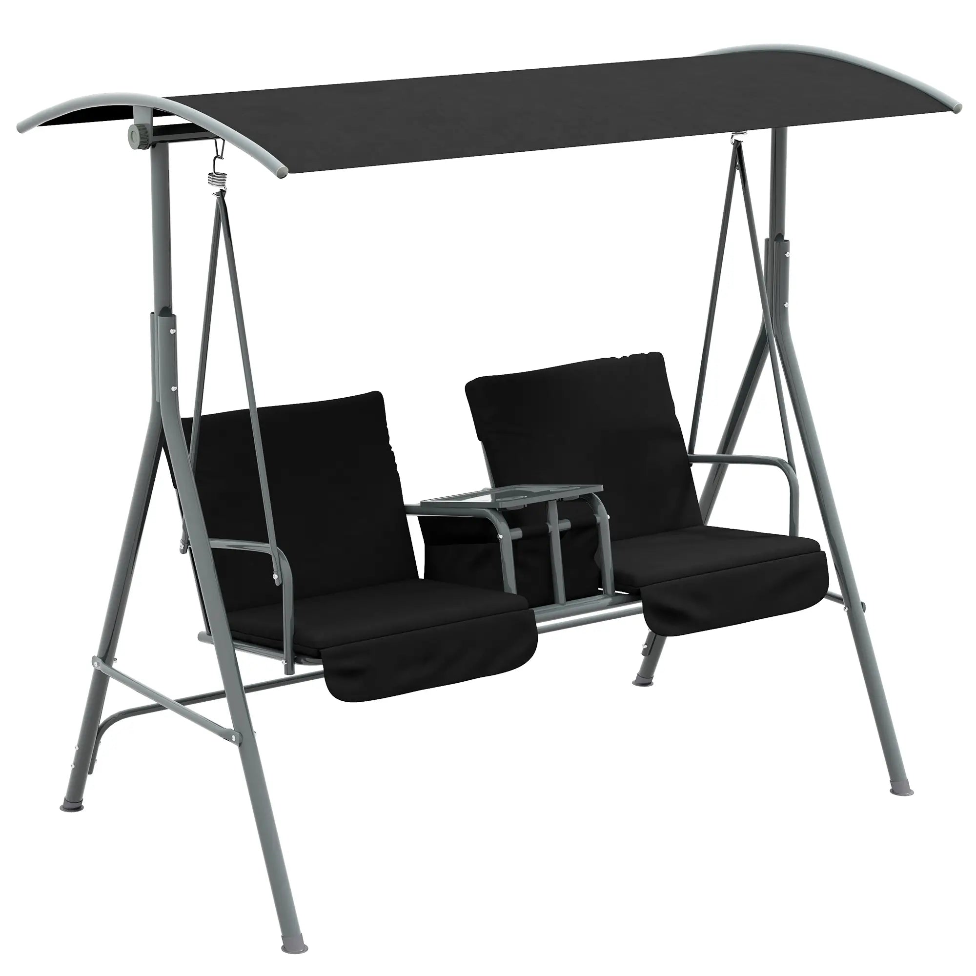 2-Seater Outdoor Porch Swing, Adjustable Canopy, Table, Black Patio Swings with Stand at Gallery Canada