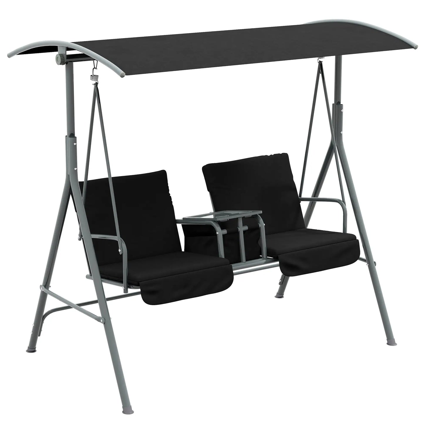 2-Seater Outdoor Porch Swing, Adjustable Canopy, Table, Black Patio Swings with Stand at Gallery Canada
