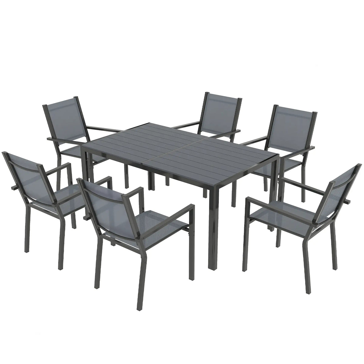 7-Piece Outdoor Dining Set, 6 Stackable Chairs, Rectangle Table, WPC Top