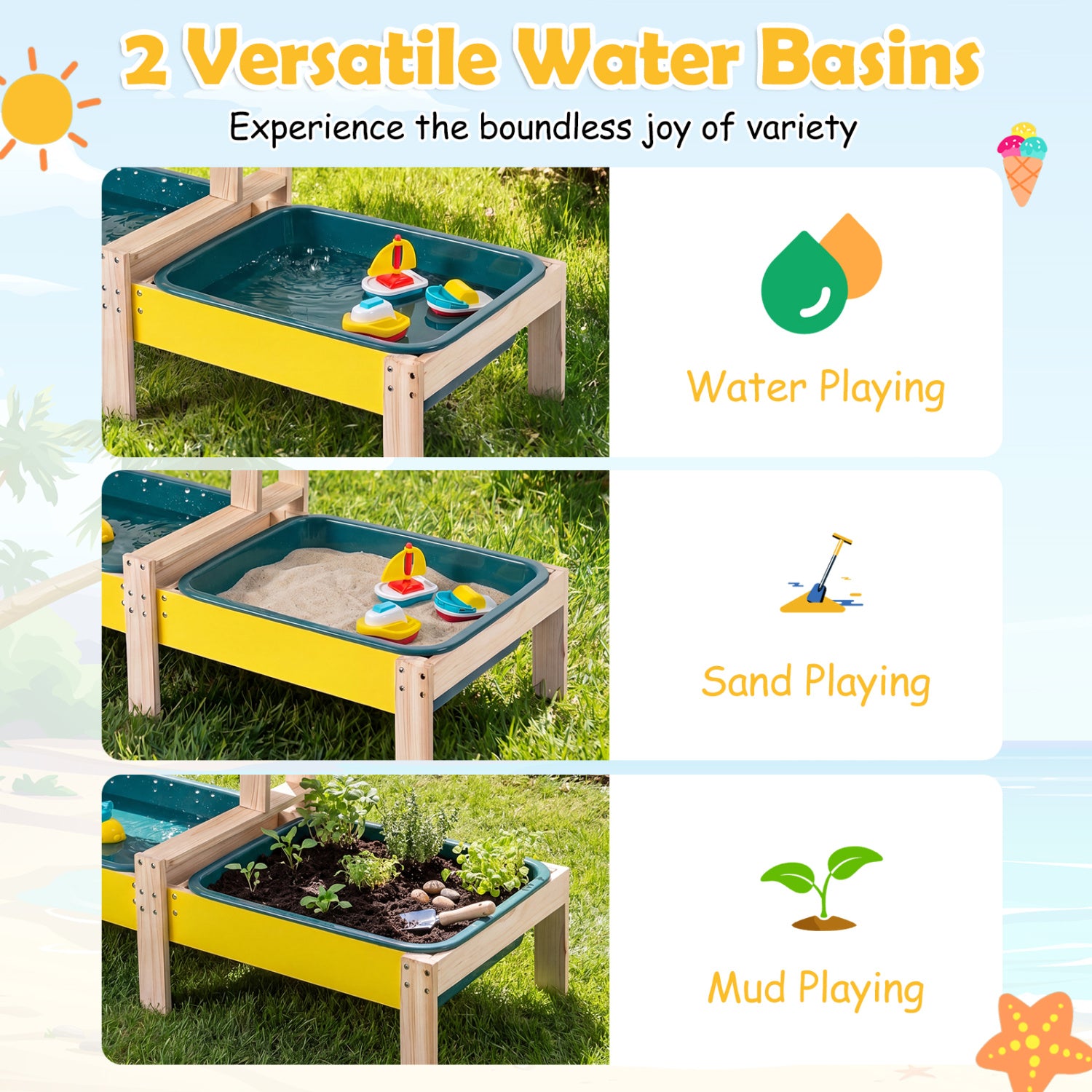 Sand and Water Table for Toddlers with 2 Water Basins, Multicolor Play Kitchen Sets at Gallery Canada