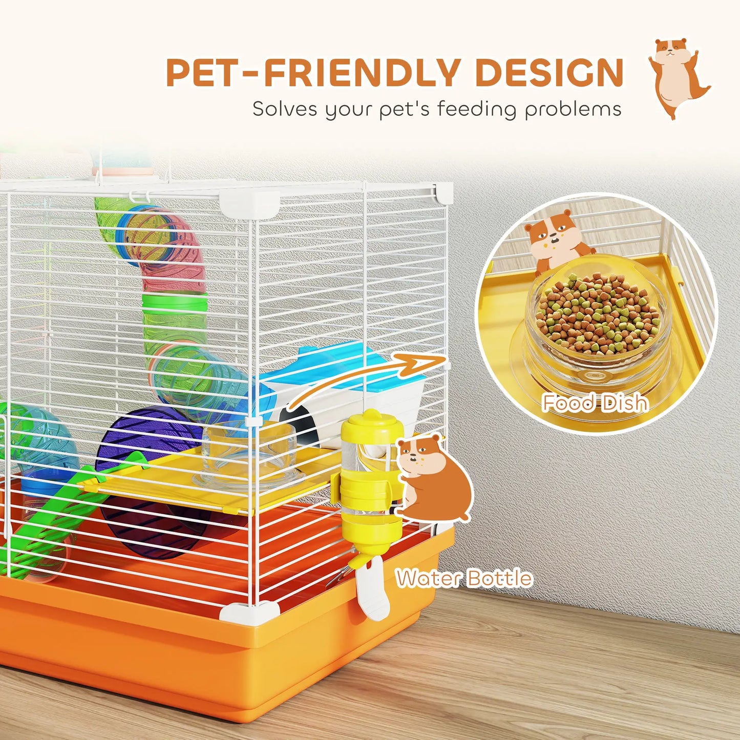 18"L Hamster Cage, 2-Level Small Animal House With Tube System, Orange
