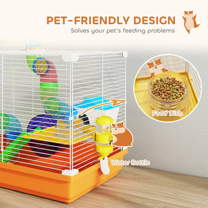 18"L Hamster Cage, 2-Level Small Animal House With Tube System, Orange