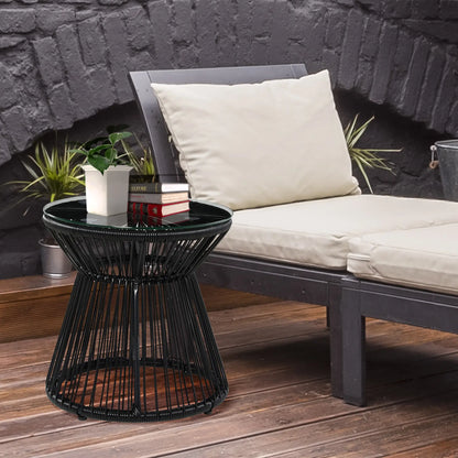 Round Rattan End Table, Hollow Drum Design, Glass Top, Black Patio Side Tables at Gallery Canada