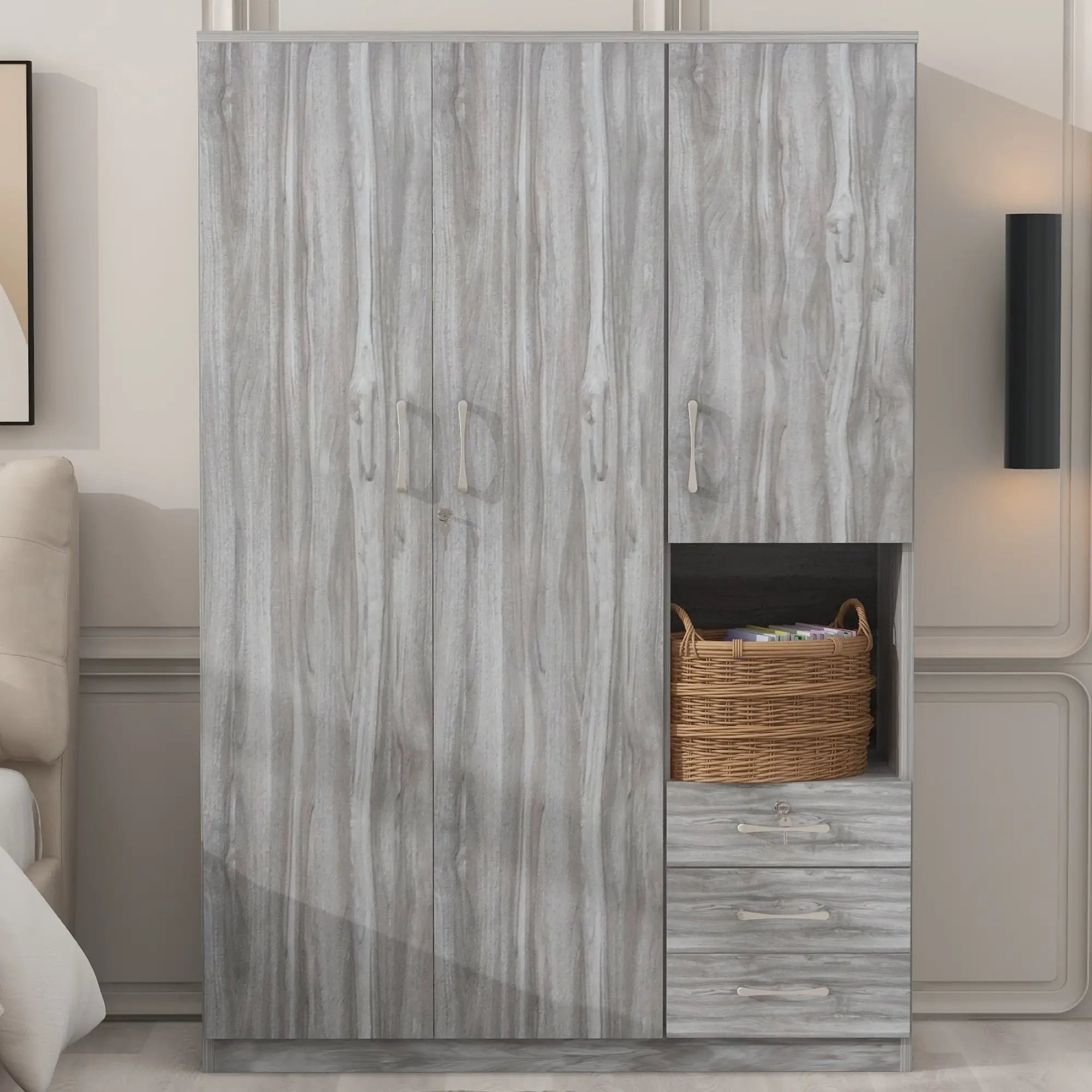 Wooden Wardrobe with Shelves, 3 Drawers, Hanging Rod, 47