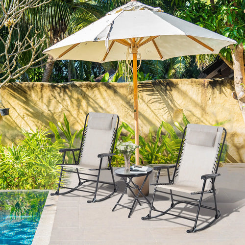 3pc Patio Rocking Chair Set, Folding Outdoor Chairs w/ Table, Cream White