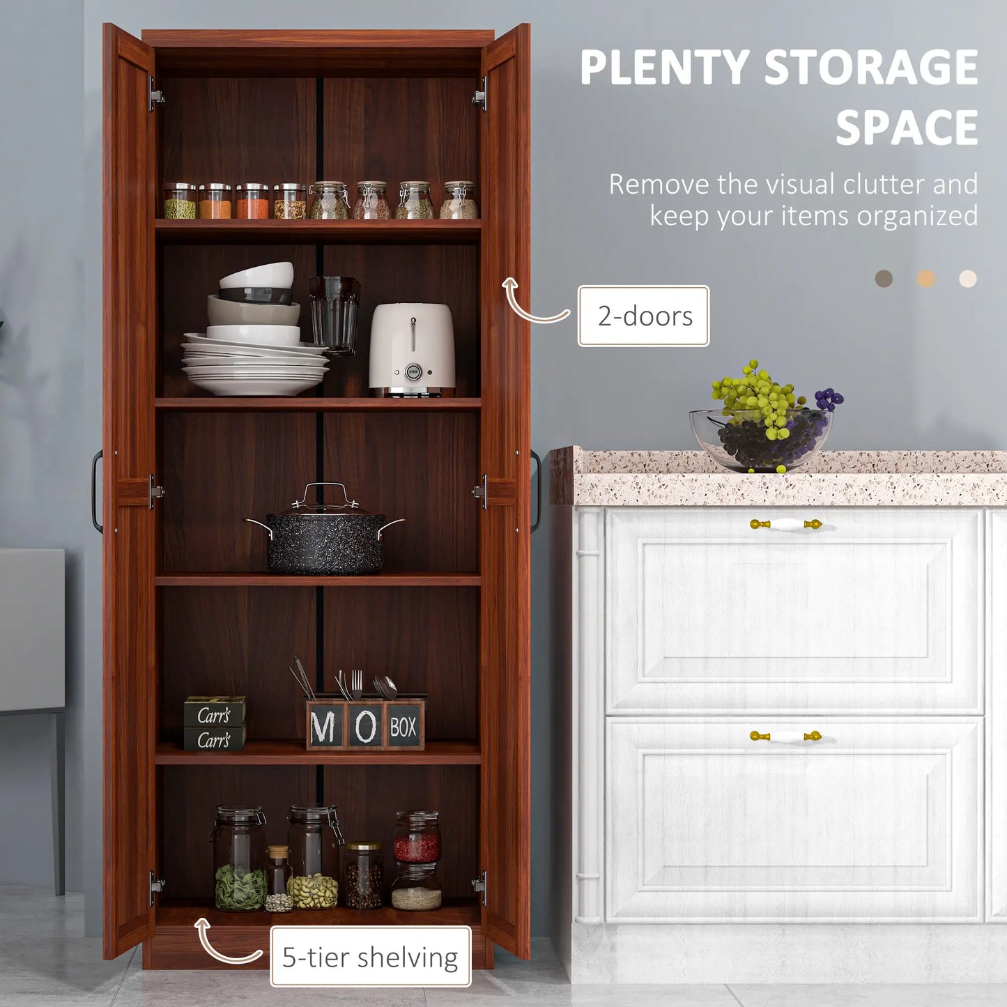 63" Kitchen Storage Cabinet, 5-Tier Pantry with Doors, Adjustable Shelves, Tan Kitchen Pantry Cabinets at Gallery Canada
