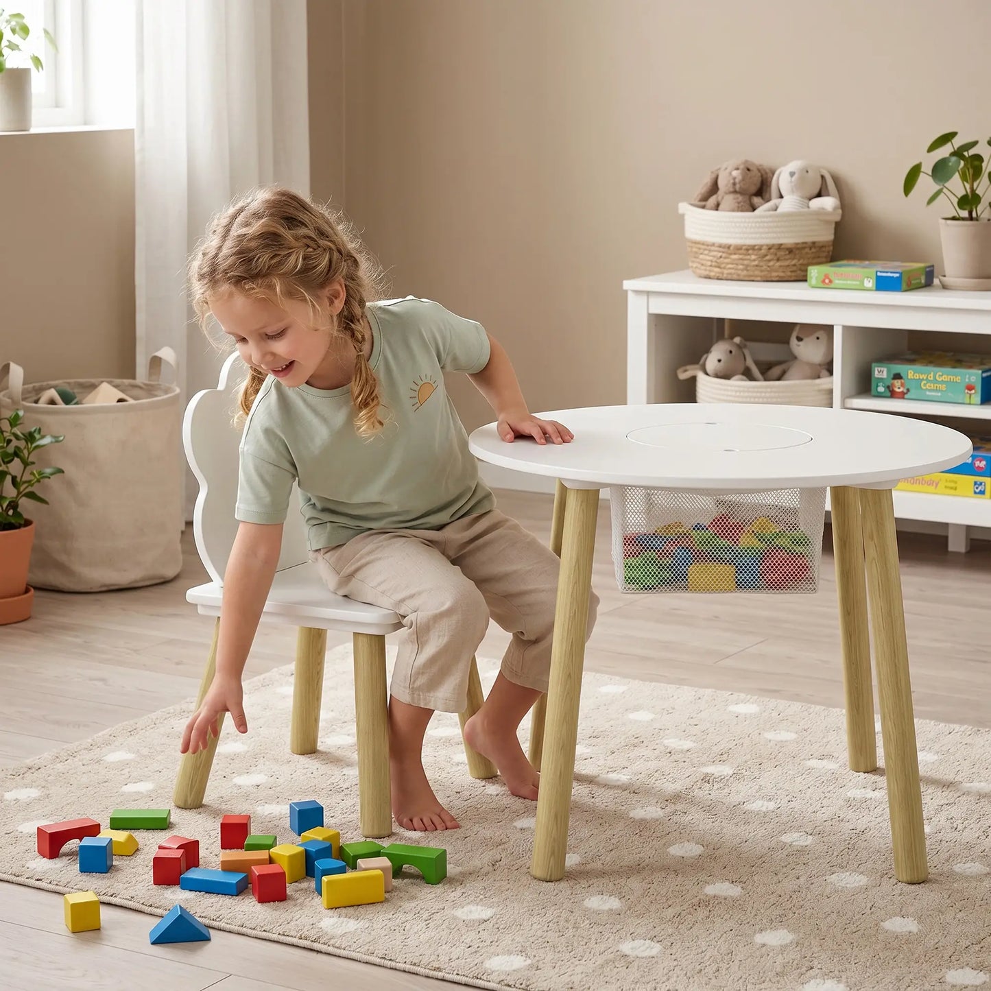 Kids Table and Chairs Set With Storage, White