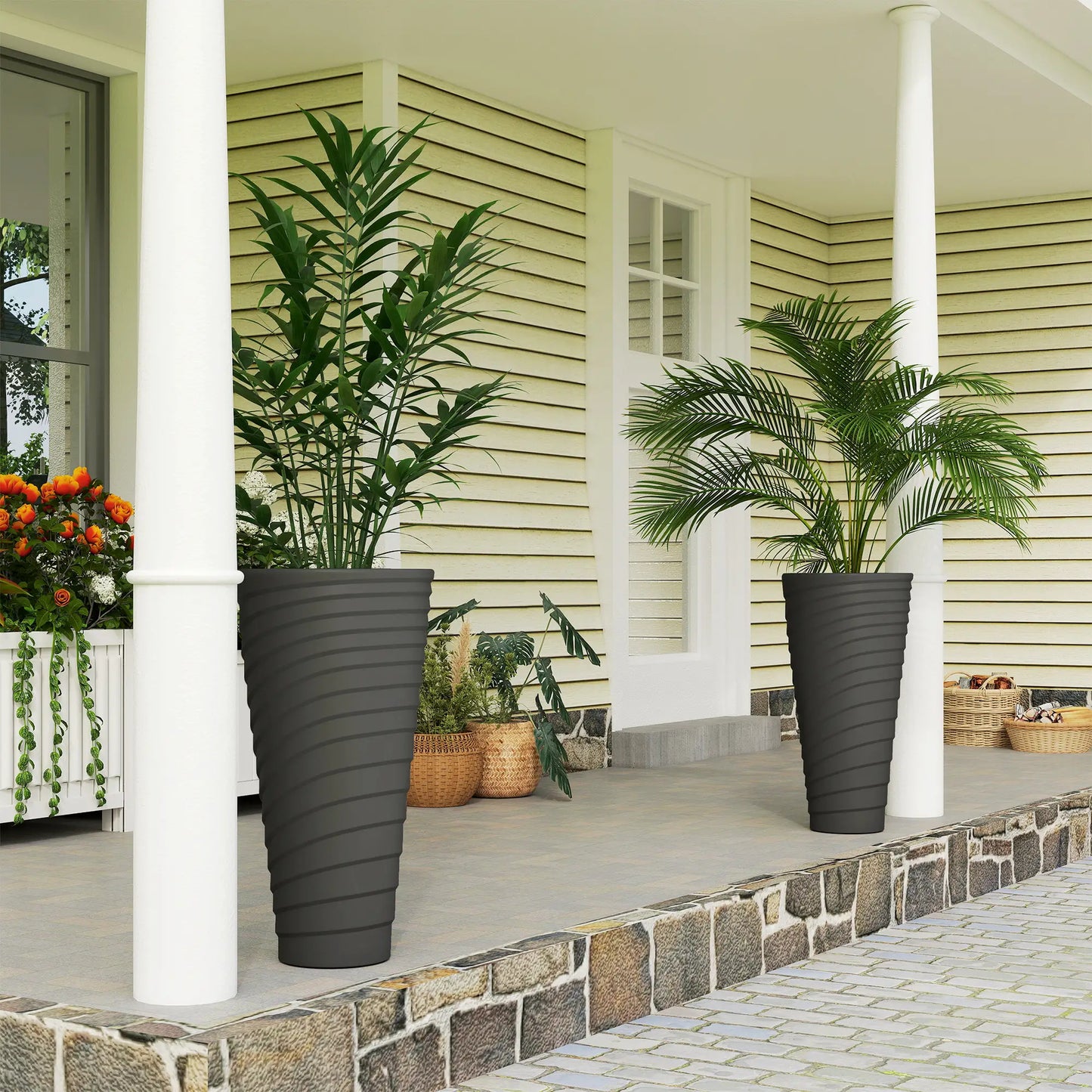 29" Tall Stackable Planters, Set of 2, Indoor Outdoor, Black Planter Set at Gallery Canada