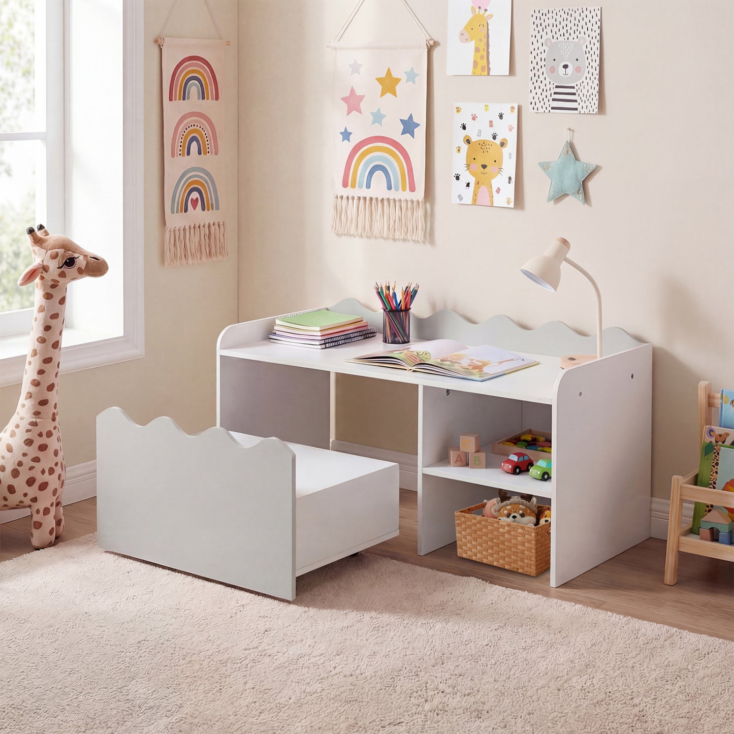 Scalloped Kids Bookshelf, Toy Storage Organizer, Gray Kids Storage at Gallery Canada