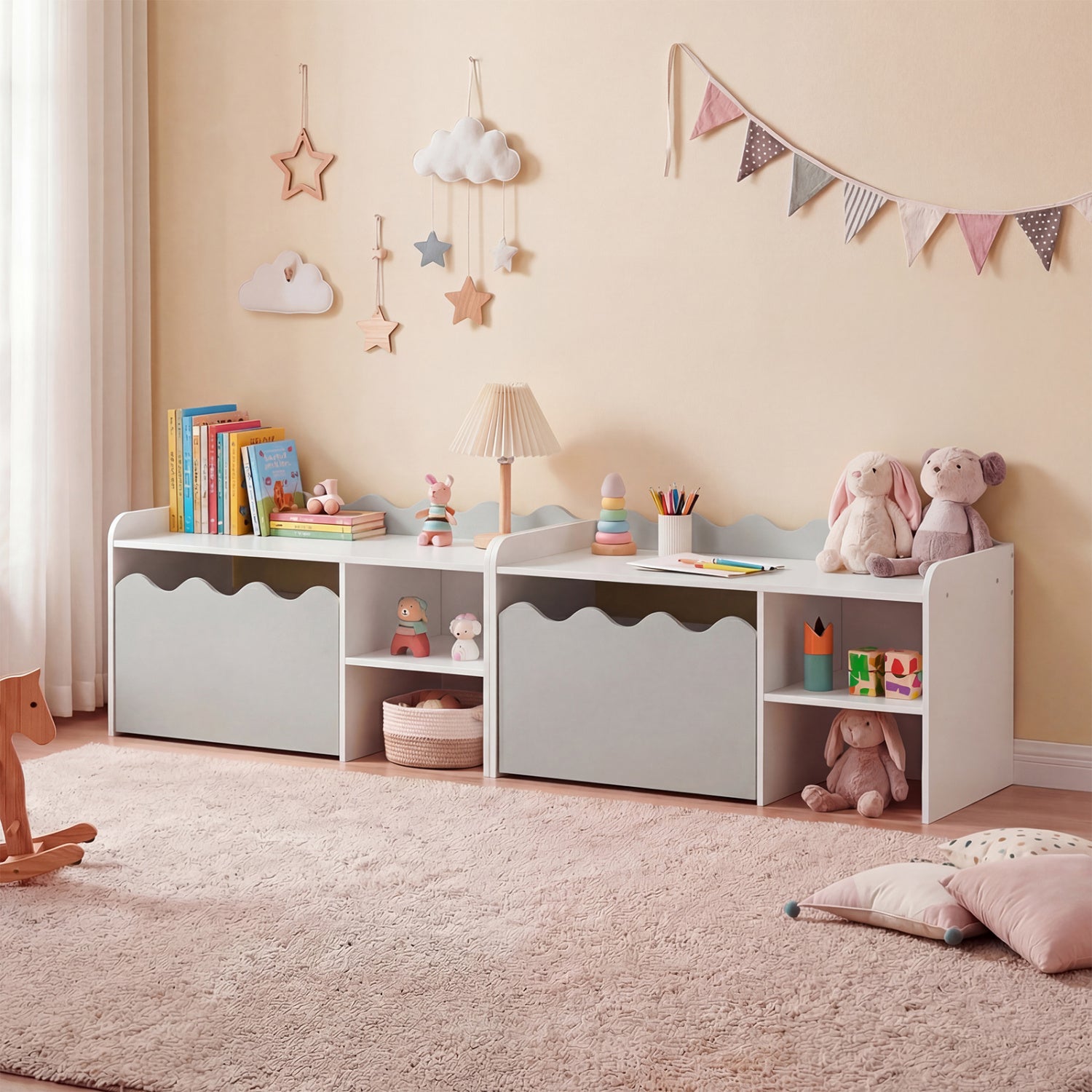 Scalloped Kids Bookshelf, Toy Storage Organizer, Gray Kids Storage at Gallery Canada