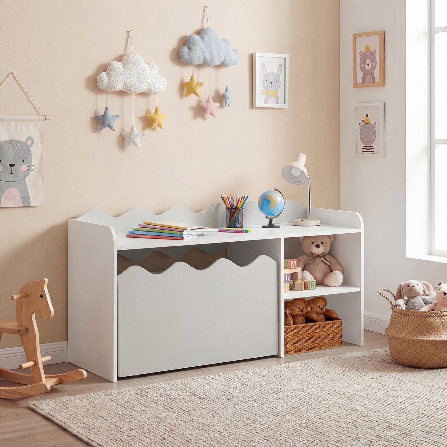 Scalloped Kids Bookshelf, Toy Storage Organizer, Gray Kids Storage at Gallery Canada