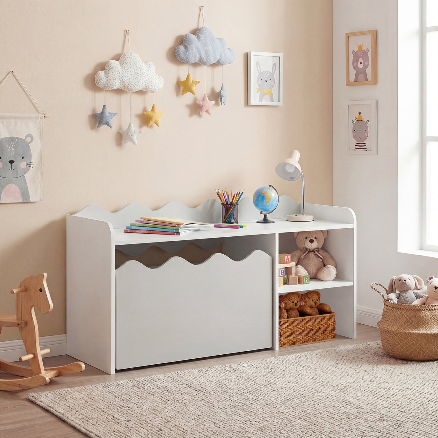 Scalloped Kids Bookshelf, Toy Storage Organizer, Gray Kids Storage at Gallery Canada