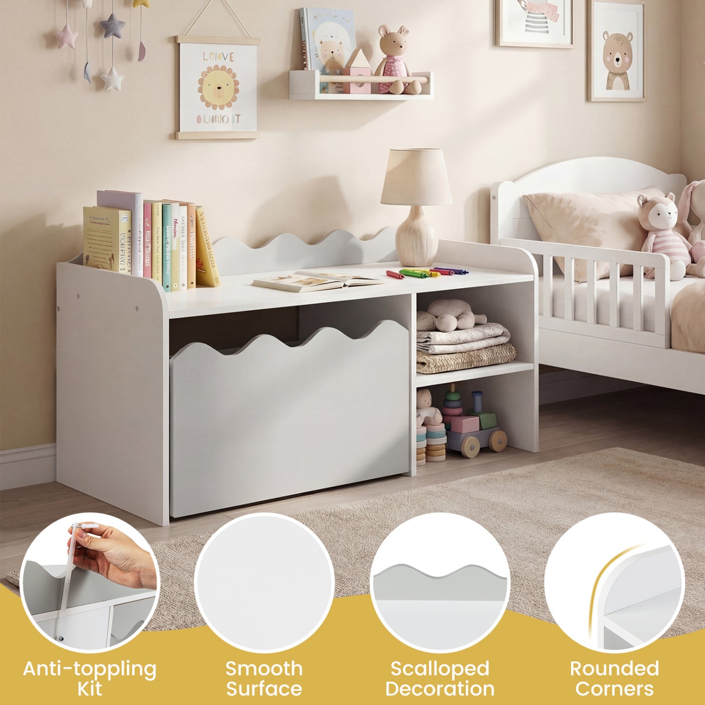 Scalloped Kids Bookshelf, Toy Storage Organizer, Gray Kids Storage at Gallery Canada