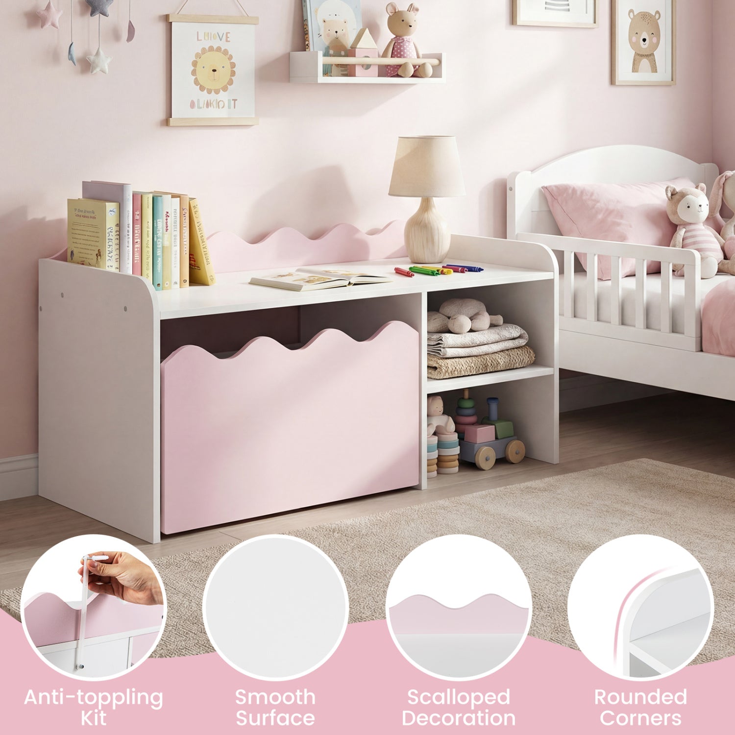 Scalloped Kids Bookshelf, Toy Storage Organizer, Pink Kids Storage at Gallery Canada
