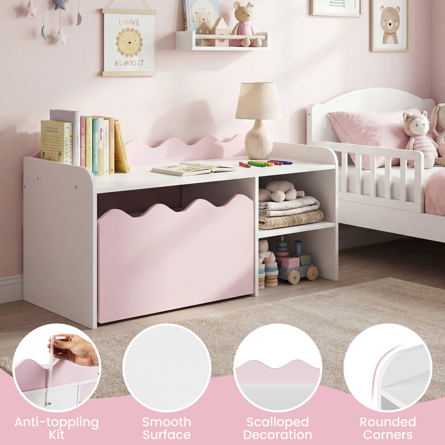 Scalloped Kids Bookshelf, Toy Storage Organizer, Pink Kids Storage at Gallery Canada