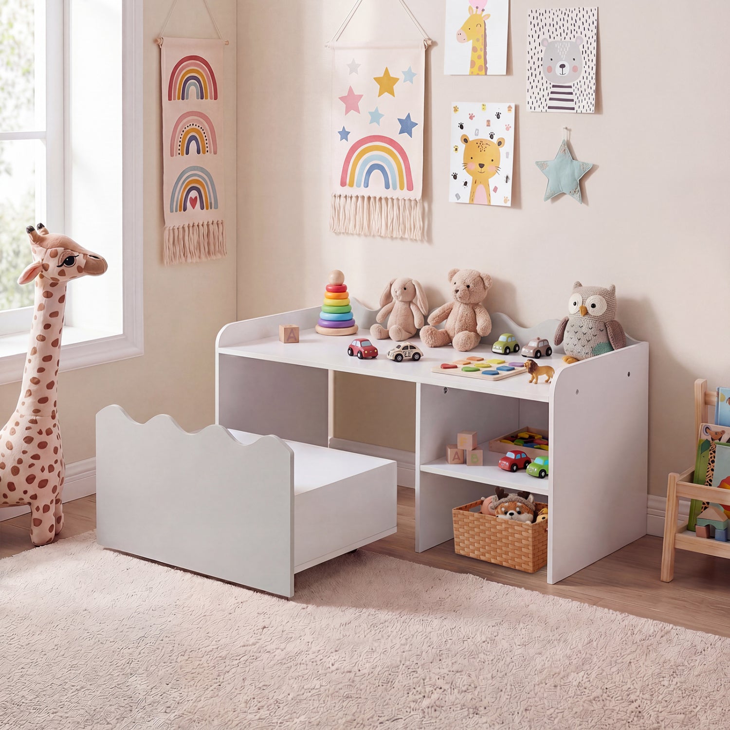 Scalloped Kids Bookshelf, Toy Storage Organizer, Gray Kids Storage at Gallery Canada