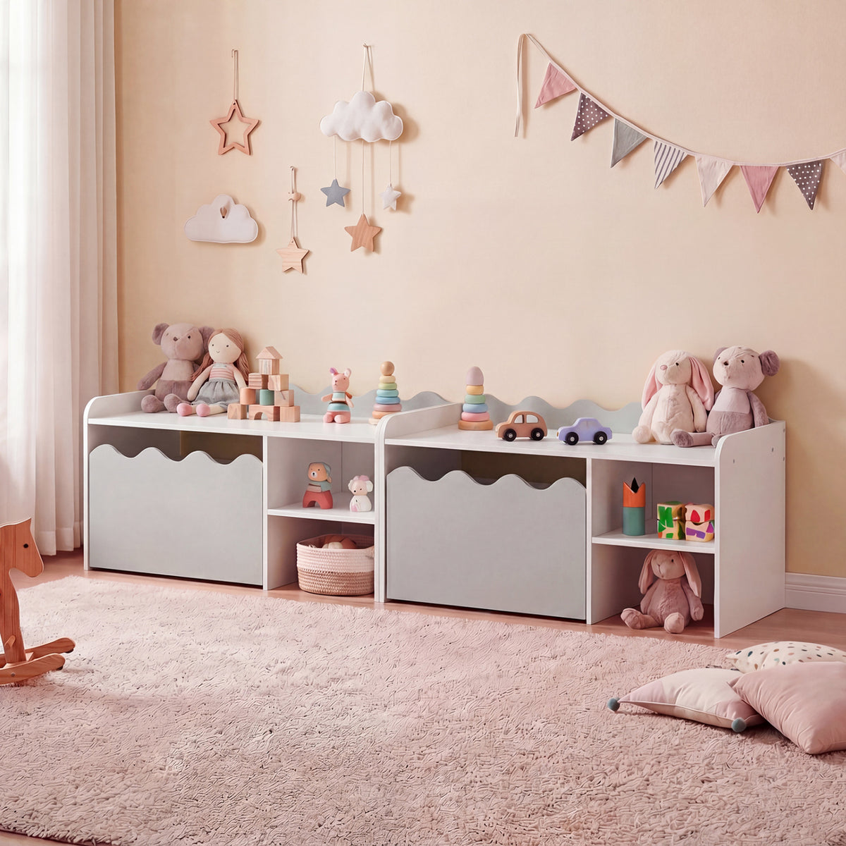 Scalloped Kids Bookshelf, Toy Storage Organizer, Gray Kids Storage at Gallery Canada