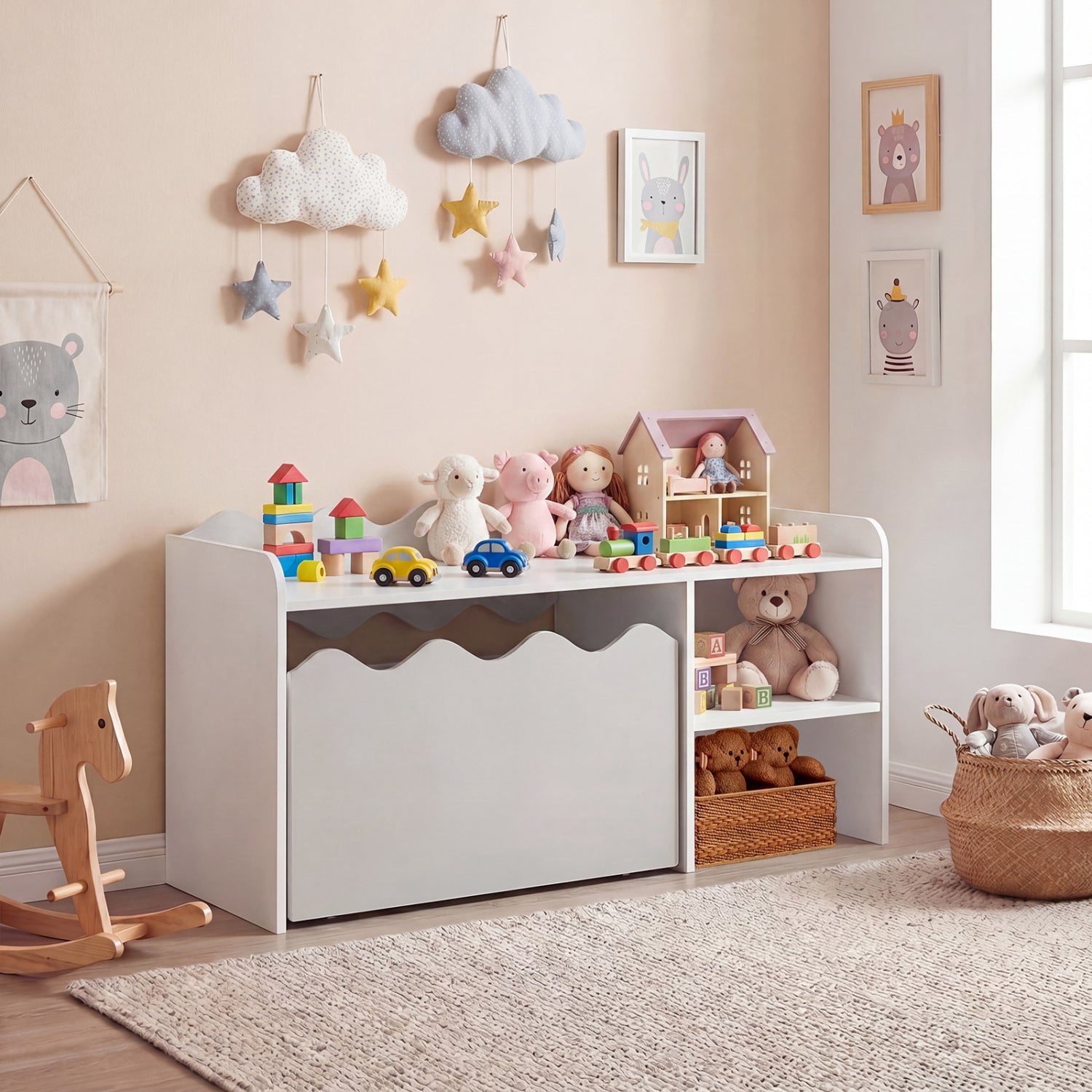 Scalloped Kids Bookshelf, Toy Storage Organizer, Gray Kids Storage at Gallery Canada