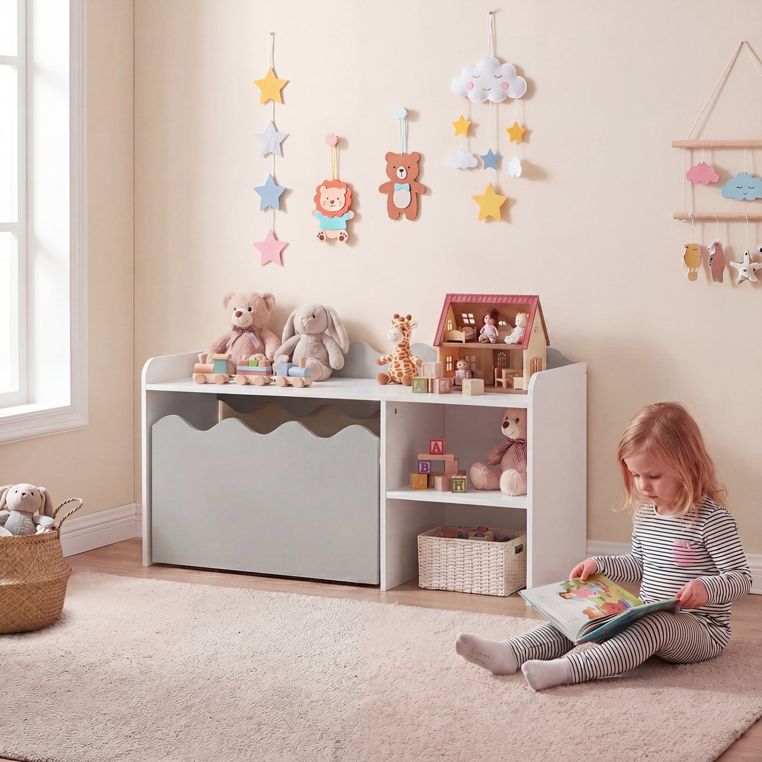 Scalloped Kids Bookshelf, Toy Storage Organizer, Gray Kids Storage at Gallery Canada