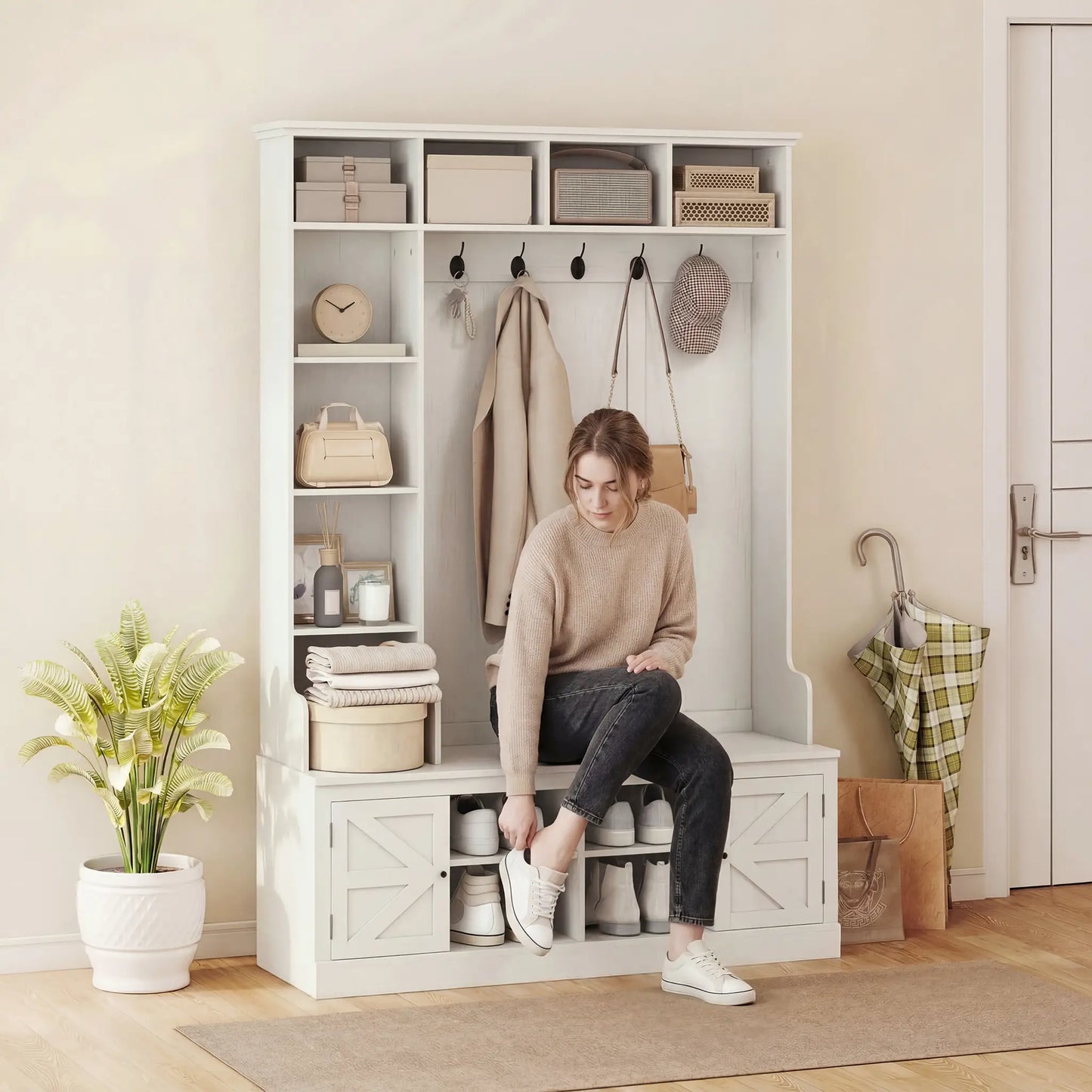 Hall Tree Bench With Shoe Storage, 12 Shelves, 2 Cabinets, 5 Hooks, White Clothing Storage at Gallery Canada