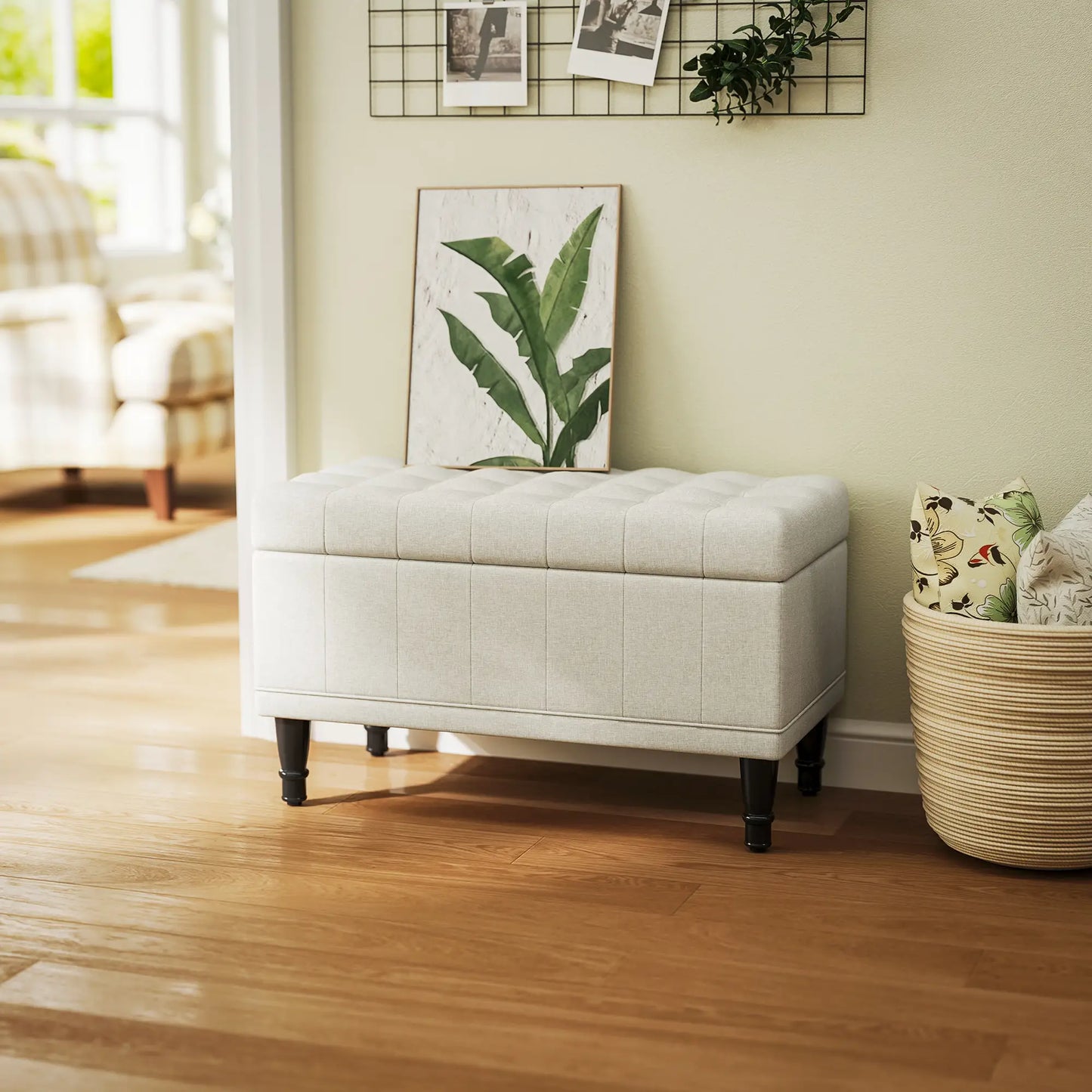 Linen Storage Ottoman, Button Tufted Bench for Bedroom, Beige Storage Ottomans & Benches at Gallery Canada