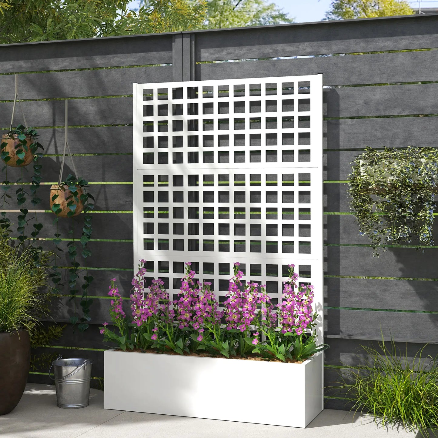 Galvanized Raised Garden Bed Planter Box With Trellis, 43" x 16" x 70", White Galvanized Planter Boxes at Gallery Canada