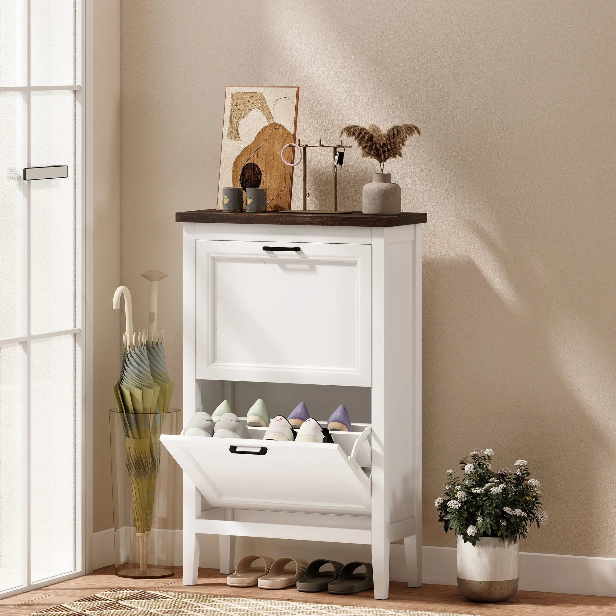 Shoe Cabinet with 2 Flip Drawers, Farmhouse Narrow Shoe Storage Cabinet with Adjustable Shelves, White Shoe Storage Cabinets & Racks at Gallery Canada