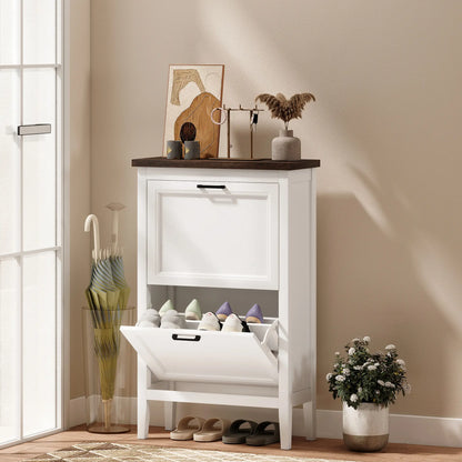 Shoe Cabinet with 2 Flip Drawers, Farmhouse Narrow Shoe Storage Cabinet with Adjustable Shelves, White Shoe Storage Cabinets & Racks at Gallery Canada