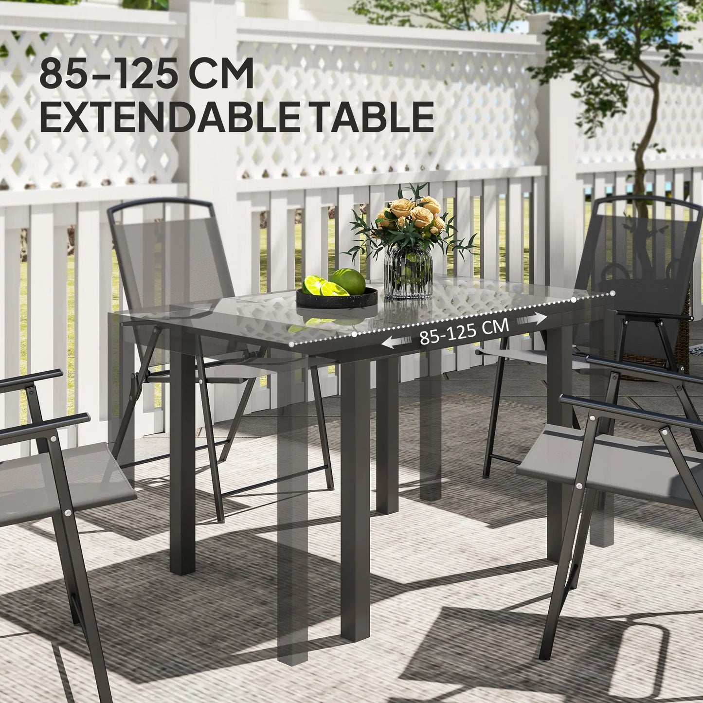 Adjustable Outdoor Dining Table, 33.5"-49.2", Tempered Glass Top, Metal Frame, Dark Grey Patio Dining Tables at Gallery Canada