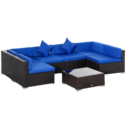 7-Piece Outdoor Rattan Furniture Set, Patio Wicker Sectional Sofa, Blue Patio Furniture Sets Dark Brown Rattan, Blue Fabric at Gallery Canada