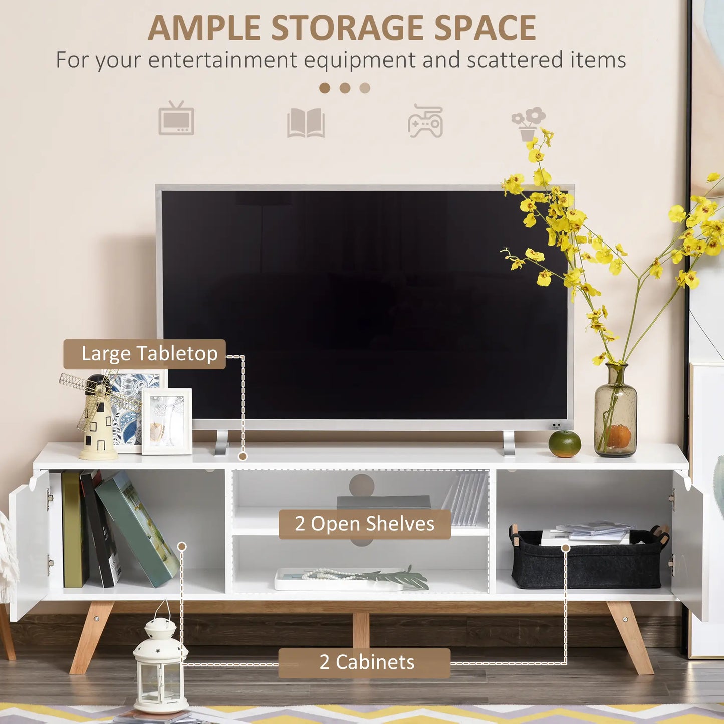 Modern Wooden TV Stand, 2 Storage Cabinets, Fits 65", White TV Stands at Gallery Canada