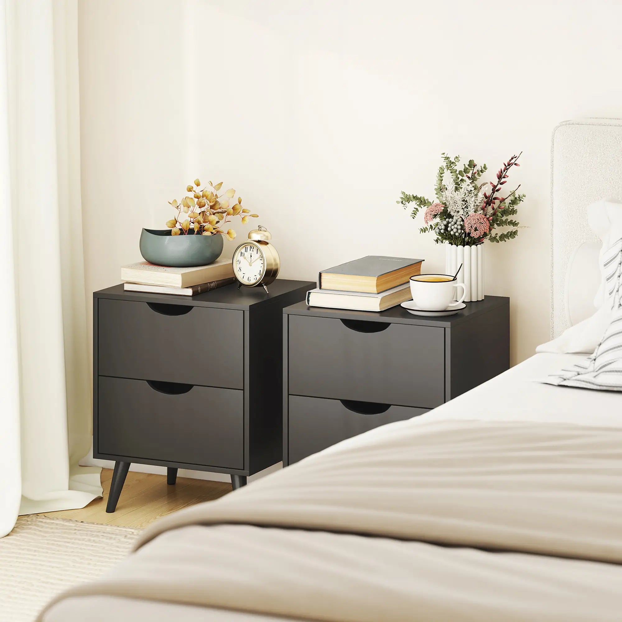 Modern Bedside Table Set Of 2, 2 Drawers, Pine Wood Legs, Black Bedside Tables at Gallery Canada