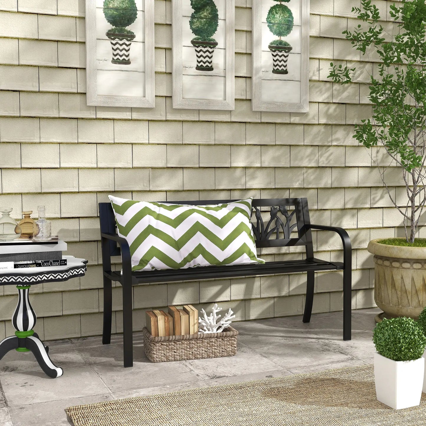 49" Metal Outdoor Bench, Curved Arms, Slatted Seat, Patio, Backyard, Lawn Outdoor Benches at Gallery Canada