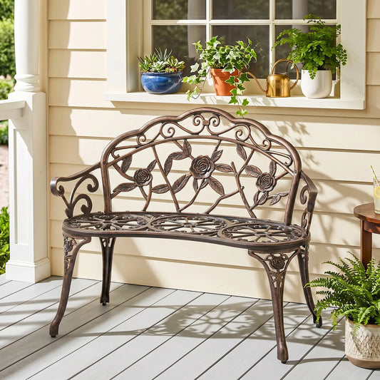 40" Outdoor Garden Bench, Cast Aluminum Antique Rose, Patio Loveseat, Bronze Outdoor Benches Bronze at Gallery Canada