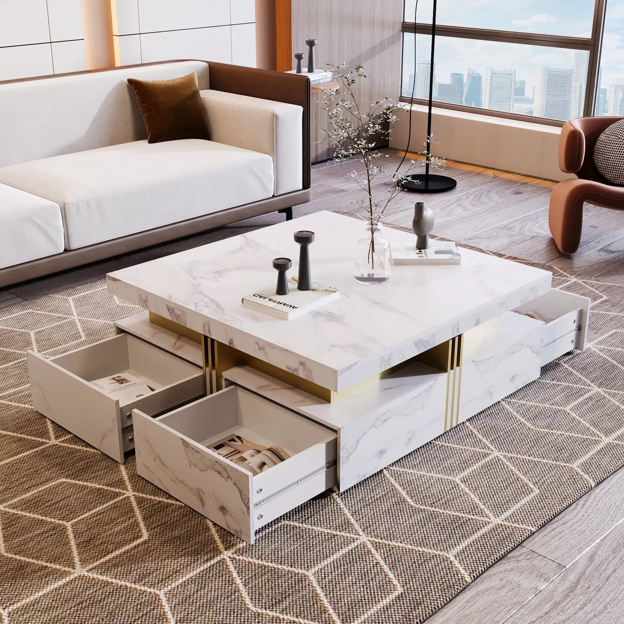 Square Storage Coffee Table, 4 Drawers, MDF, 33.5