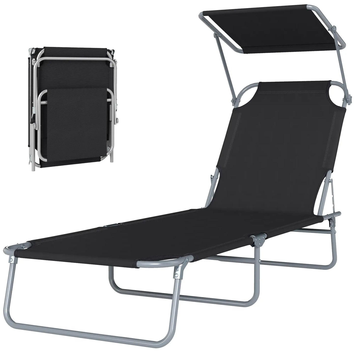 Adjustable Folding Chaise Lounge, Outdoor Tanning Chair with Sun Shade, Black Lounger Chairs at Gallery Canada