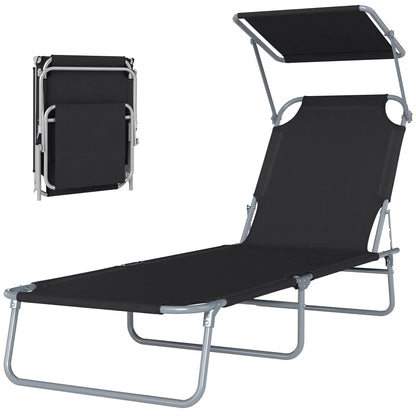 Adjustable Folding Chaise Lounge, Outdoor Tanning Chair with Sun Shade, Black Lounger Chairs at Gallery Canada