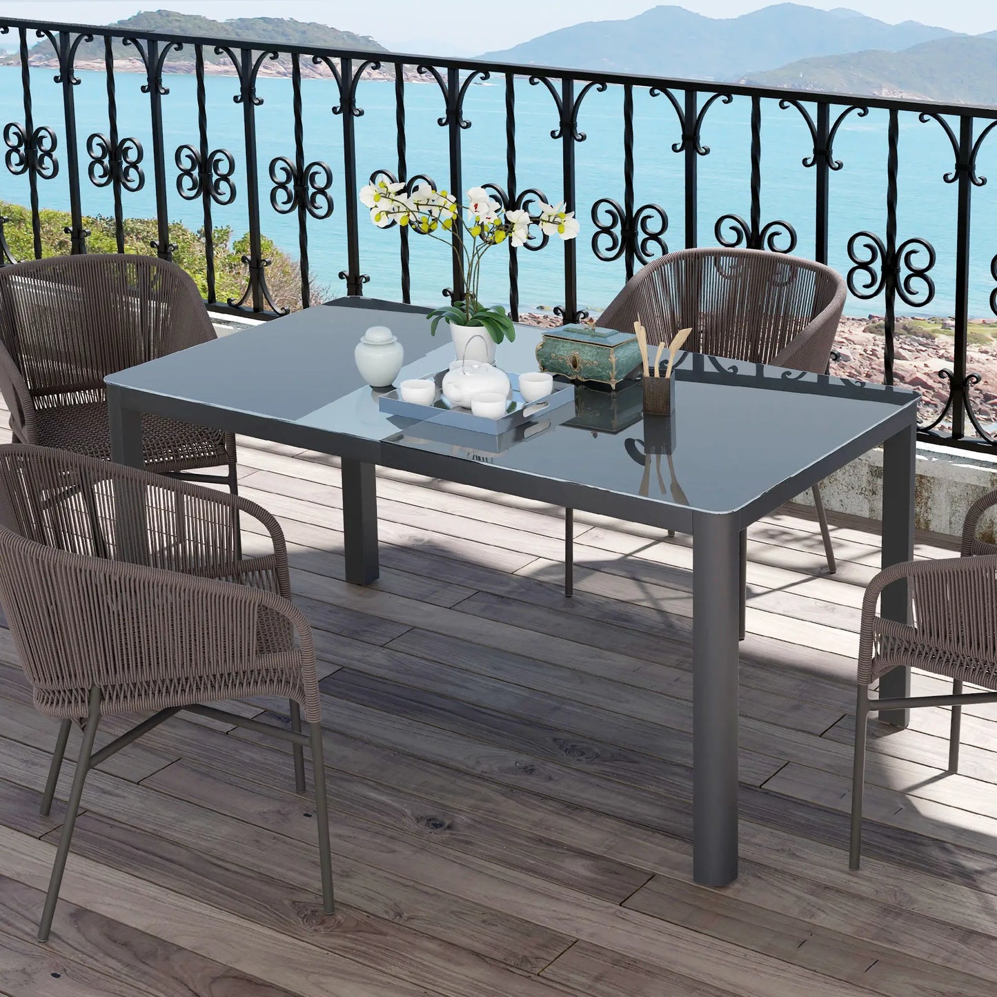 59" x 35" Aluminum Outdoor Dining Table, Glass Top, Seats 6, Grey Patio Dinning Tables at Gallery Canada