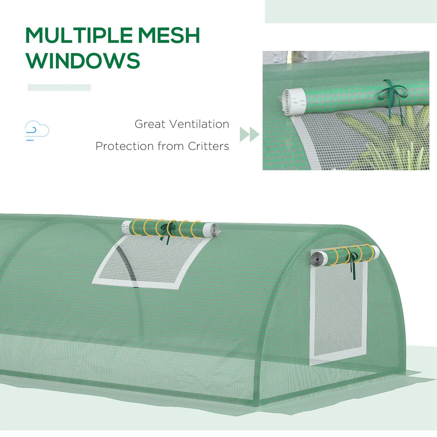 Portable Mini Greenhouse, 7' x 3' x 2', Steel Frame With 5 Mesh Windows, Green
