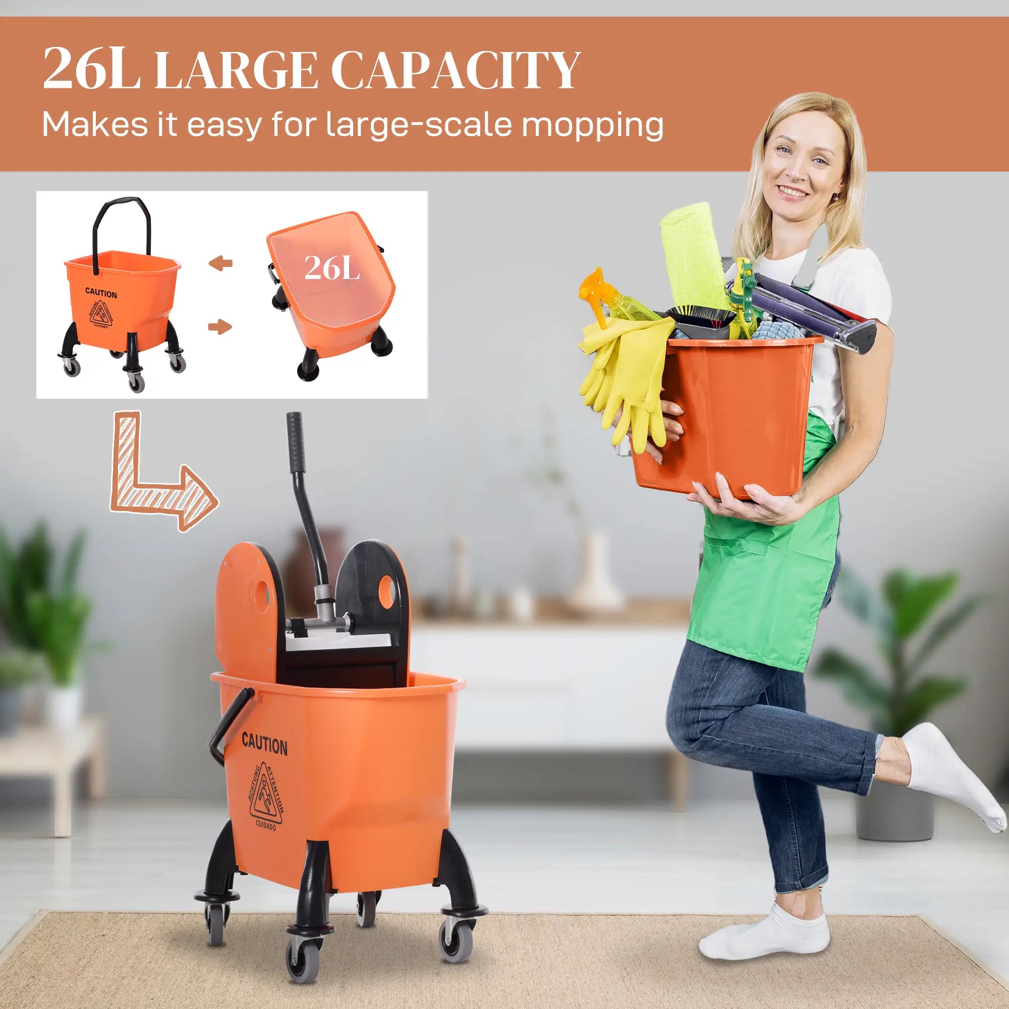6.9 Gal/26L Mop Bucket With Wringer, Wheels, Handle, Orange Household Supplies at Gallery Canada