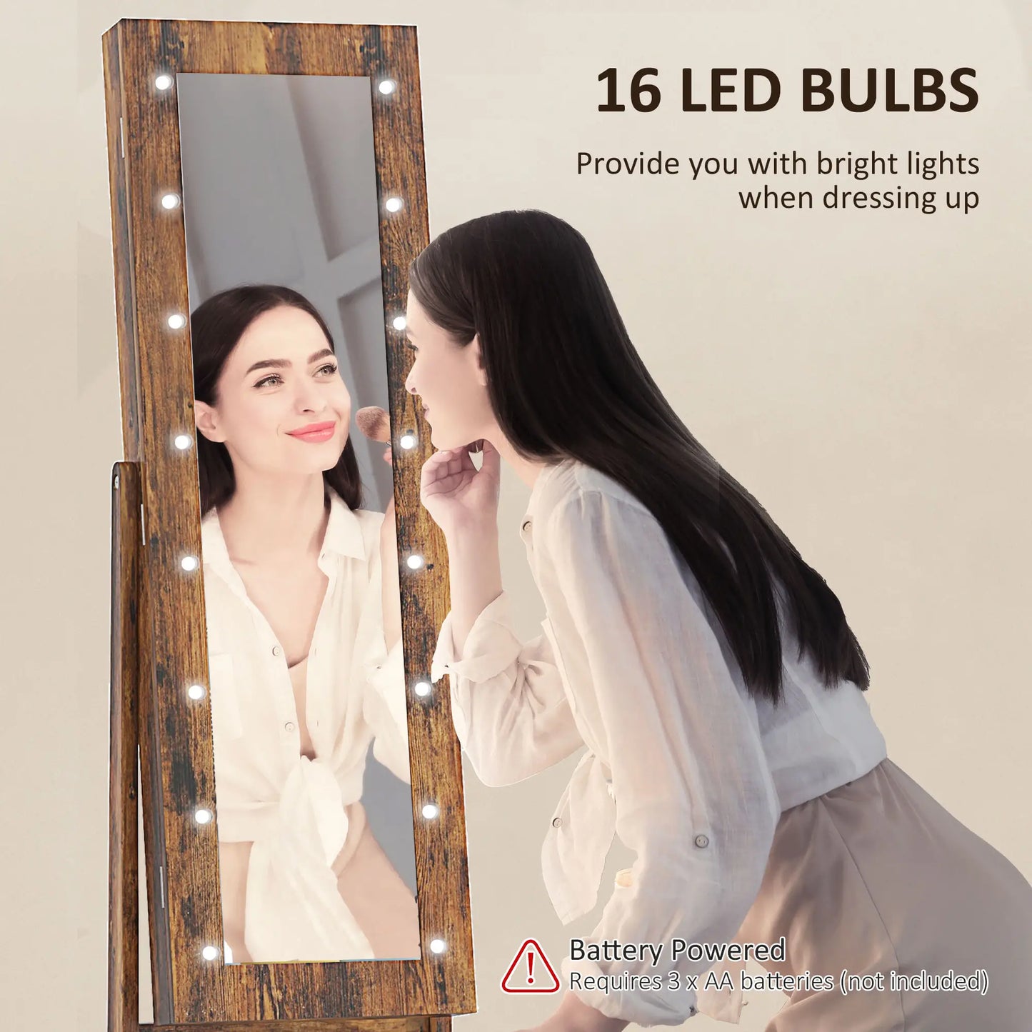 Free Standing Armoire Organizer, Lighted Mirrored Jewelry Cabinet, Angle Adjustable, 16 LED Lights, Rustic Brown, Brown Jewelry Armoire & Jewellery Mirror Cabinets at Gallery Canada