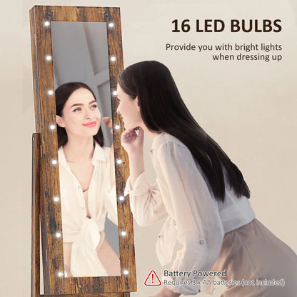 Free Standing Armoire Organizer, Lighted Mirrored Jewelry Cabinet, Angle Adjustable, 16 LED Lights, Rustic Brown, Brown Jewelry Armoire & Jewellery Mirror Cabinets at Gallery Canada