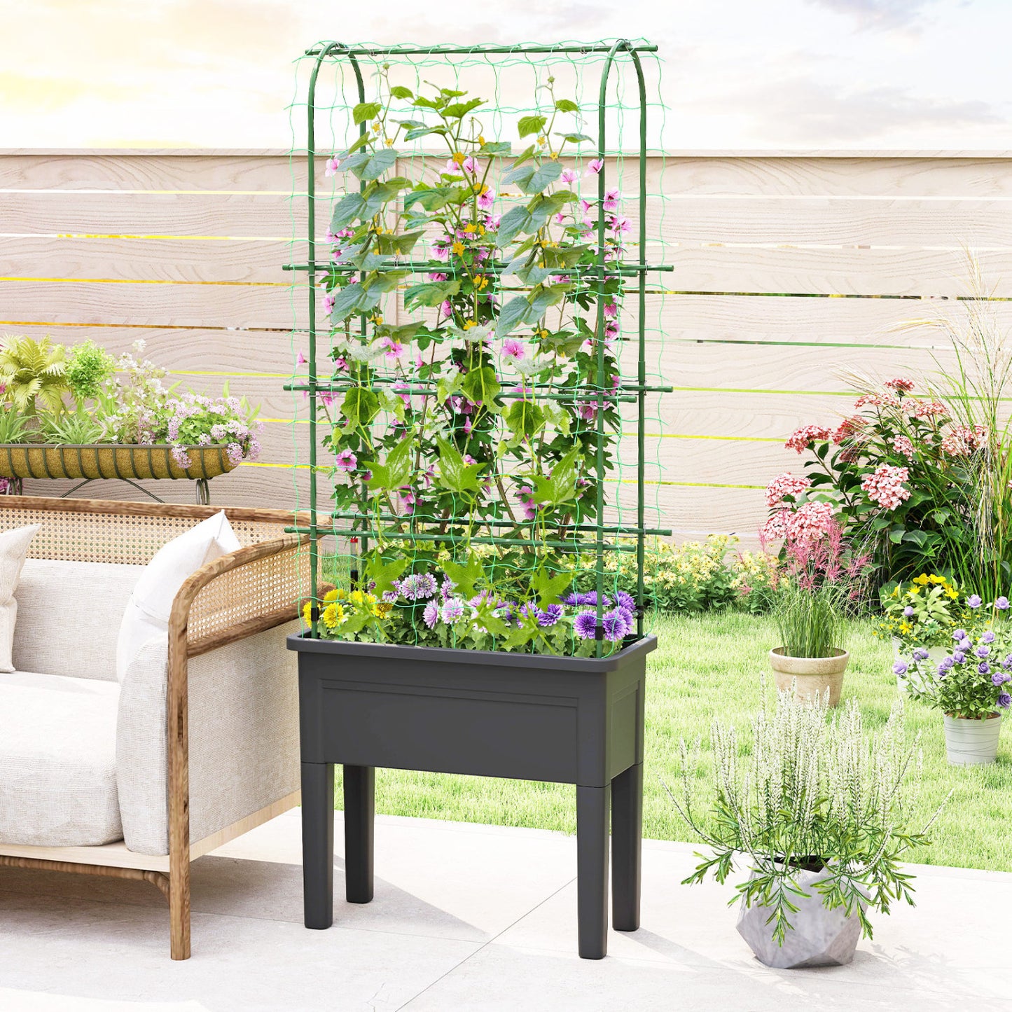 Self-Watering Raised Garden Bed, Elevated Planter With Climbing Trellis, Black Raised Garden Beds at Gallery Canada