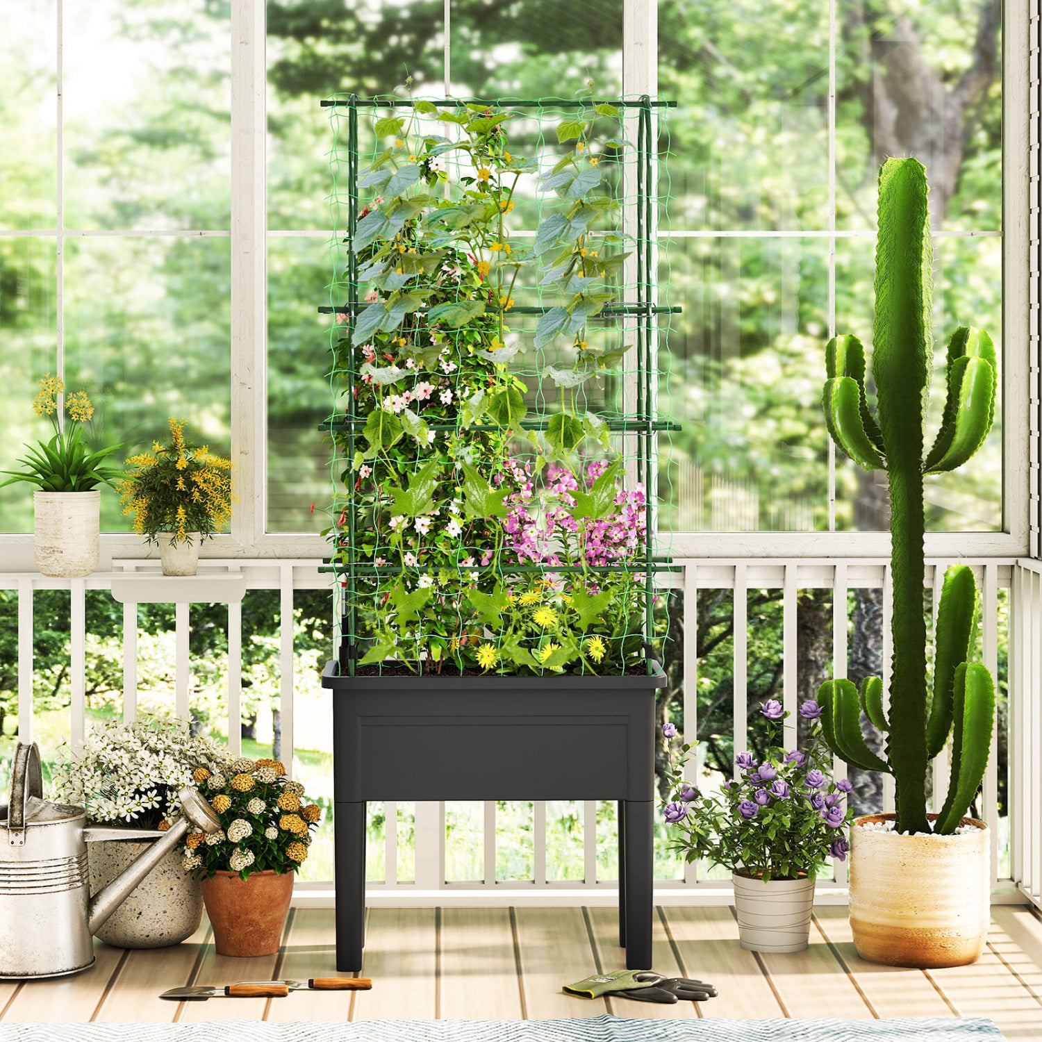 Self-Watering Raised Garden Bed, Elevated Planter With Climbing Trellis, Black Raised Garden Beds at Gallery Canada
