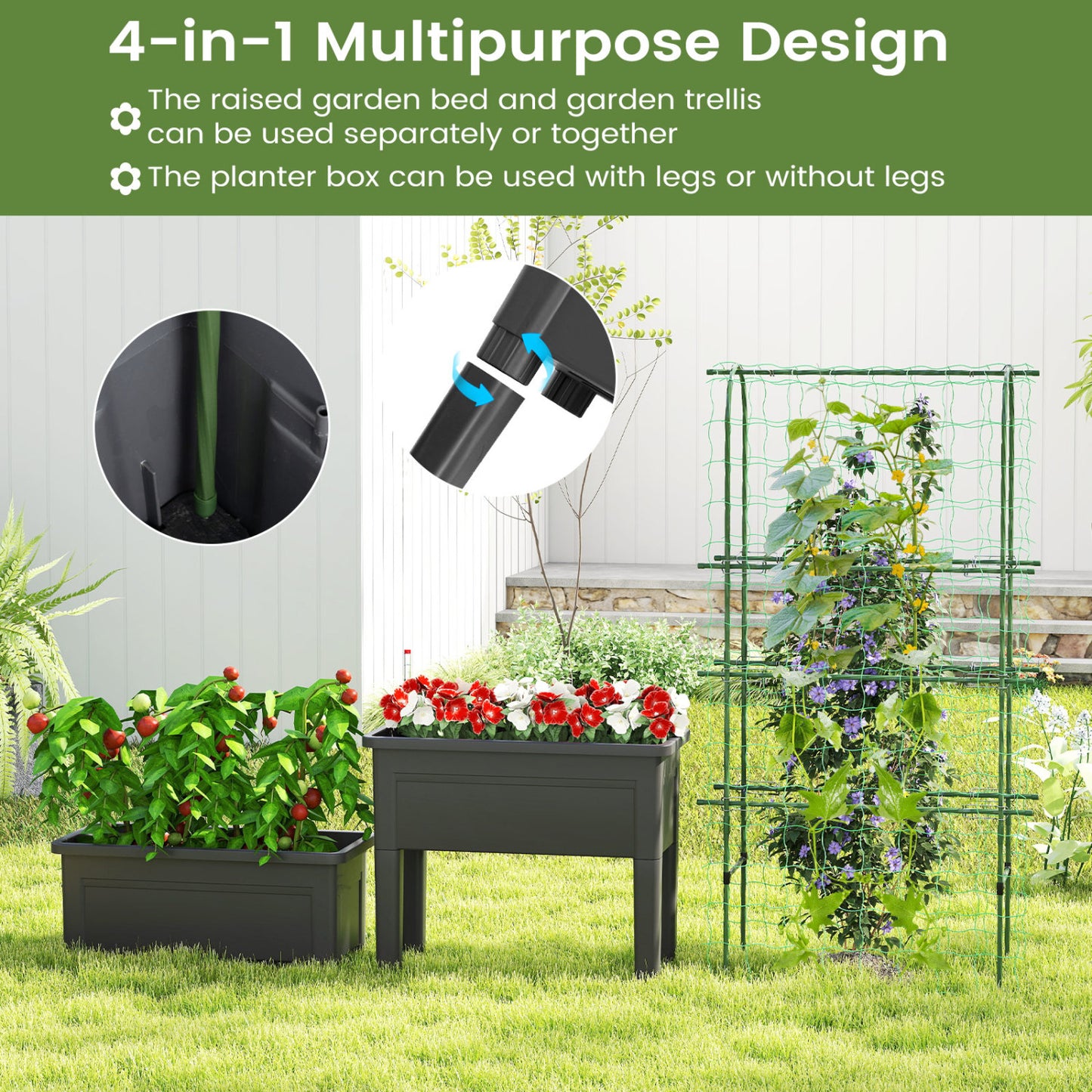 Self-Watering Raised Garden Bed, Elevated Planter With Climbing Trellis, Black Raised Garden Beds at Gallery Canada