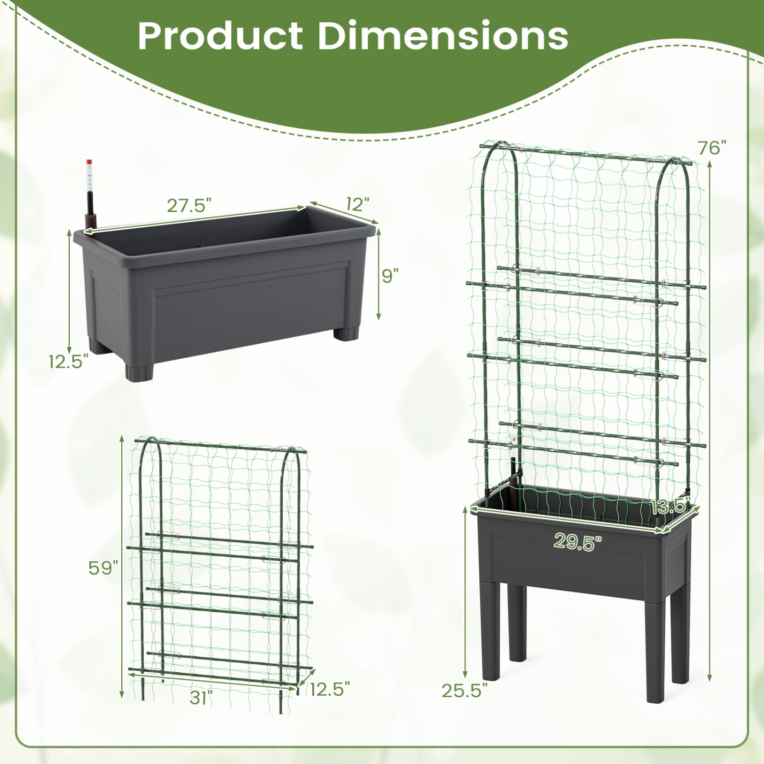 Self-Watering Raised Garden Bed, Elevated Planter With Climbing Trellis, Black Raised Garden Beds at Gallery Canada