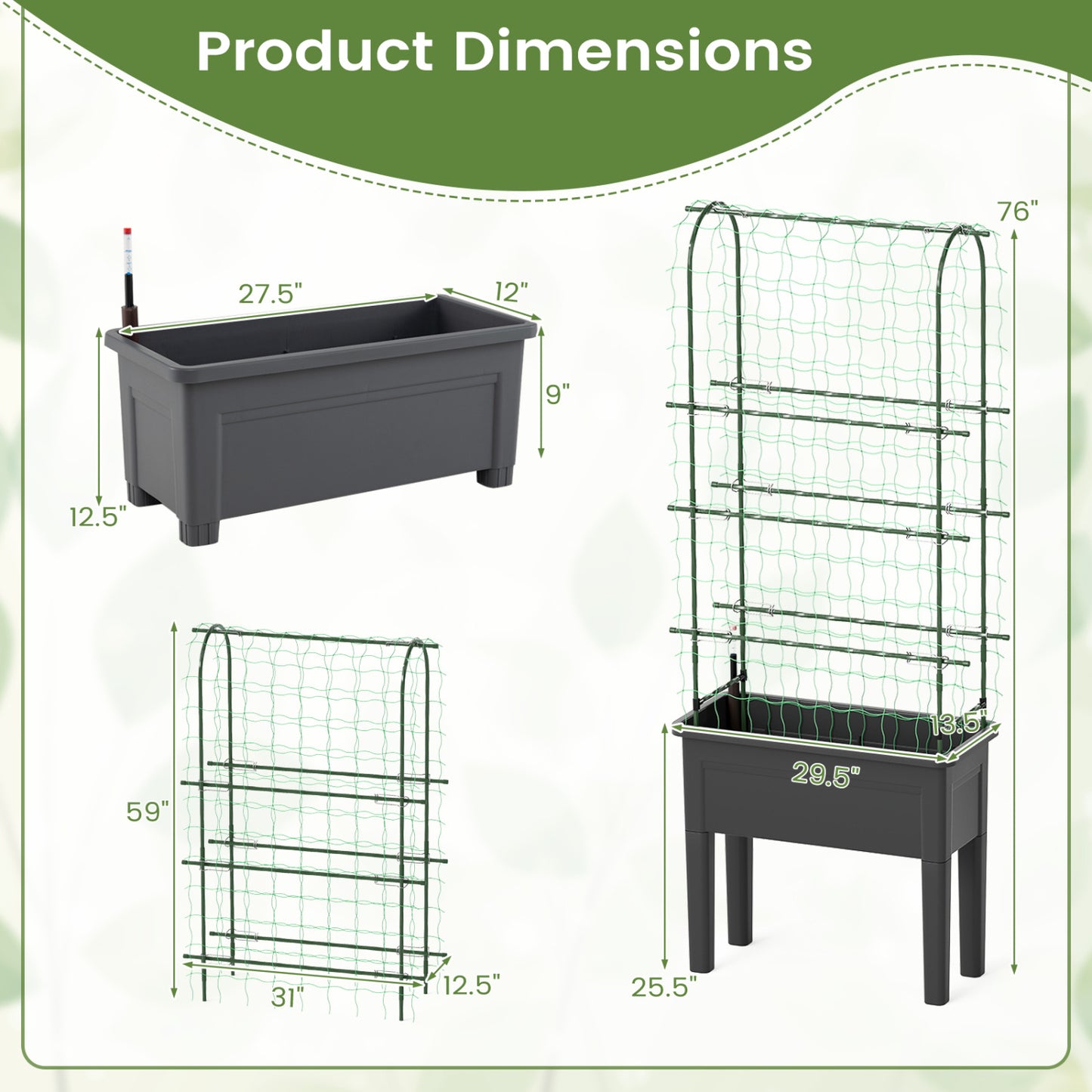 Self-Watering Raised Garden Bed, Elevated Planter With Climbing Trellis, Black Raised Garden Beds at Gallery Canada