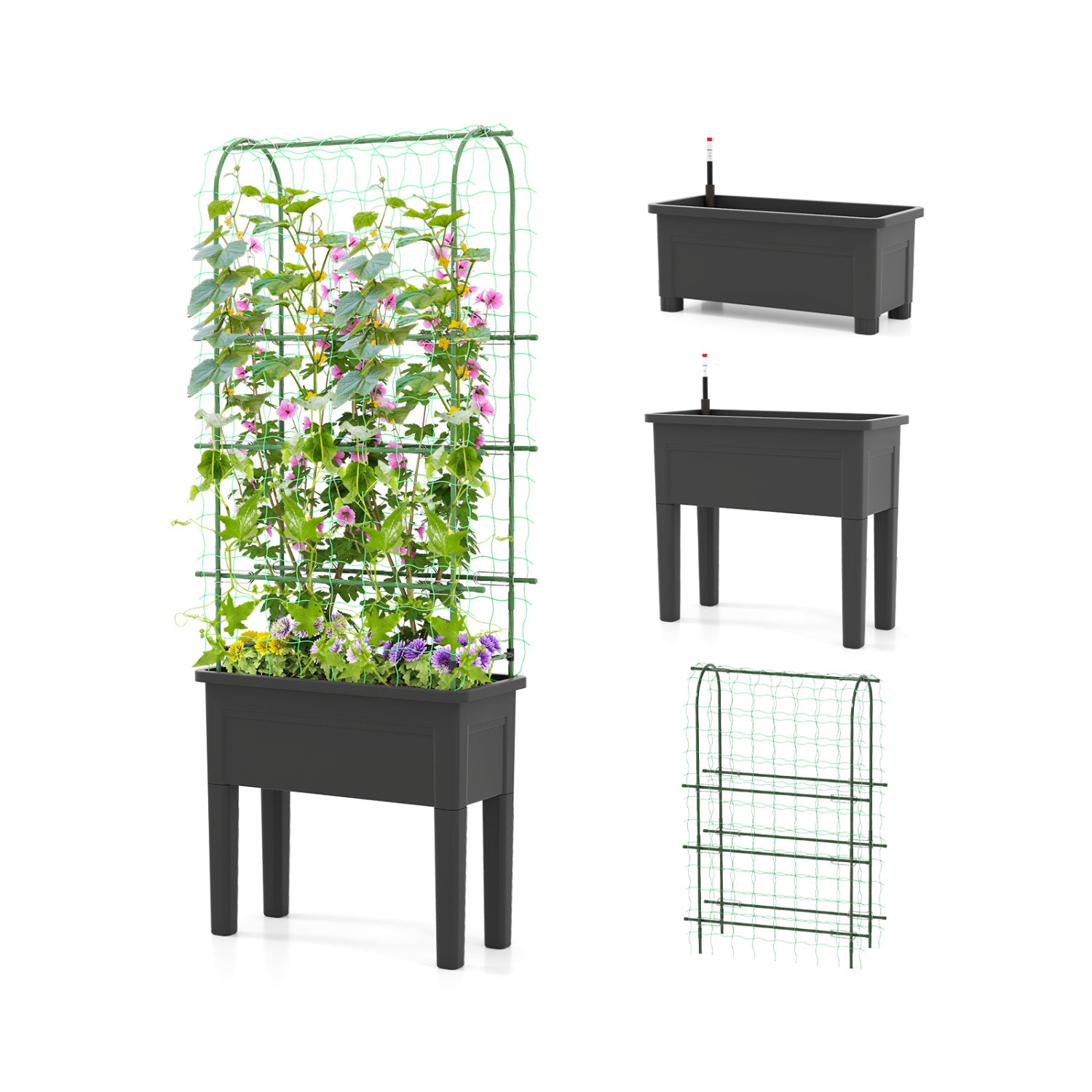 Self-Watering Raised Garden Bed, Elevated Planter With Climbing Trellis, Black Raised Garden Beds Black at Gallery Canada
