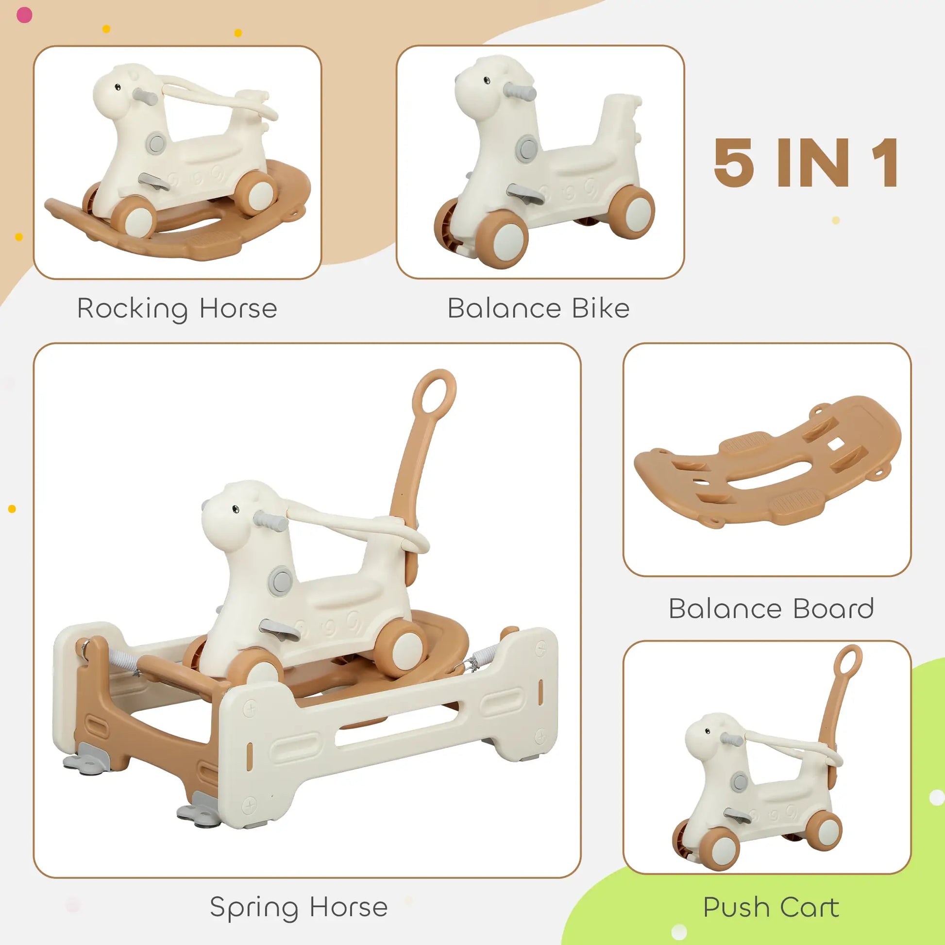 Rocking Horse for Toddlers, Balance Board, Push Handle, 4 Wheels, Brown Rocking Horses at Gallery Canada