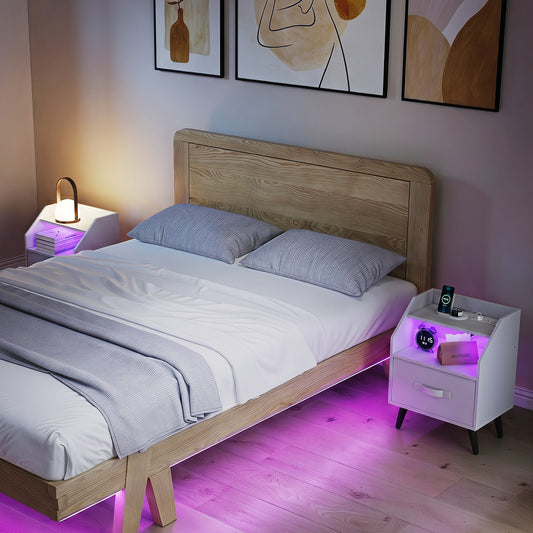 Set Of 2 Nightstands With LED Lights, Power Outlets, White Nightstands White at Gallery Canada